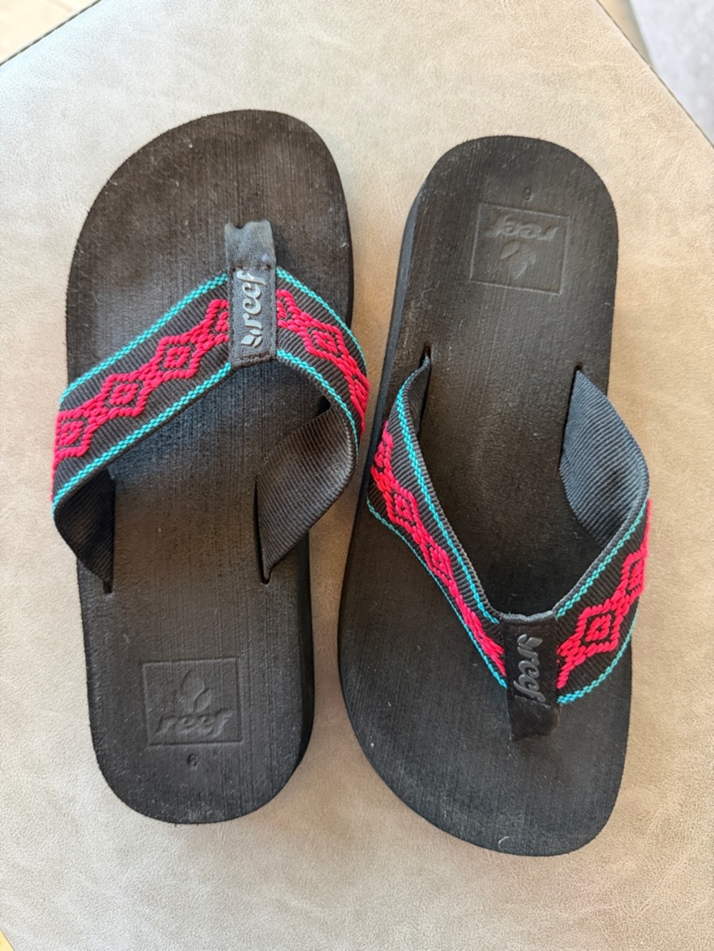 Reef Black Flip Flops with Pink & Teal Embroidered Straps